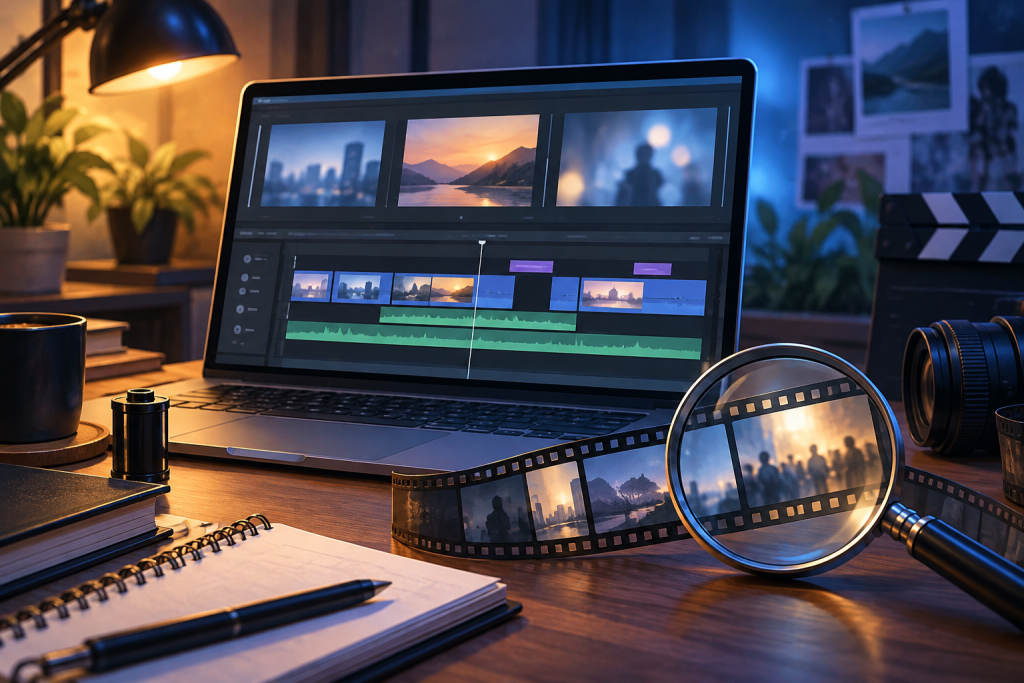 Ilustrasi pemeriksaan konteks dan penyuntingan video digital.