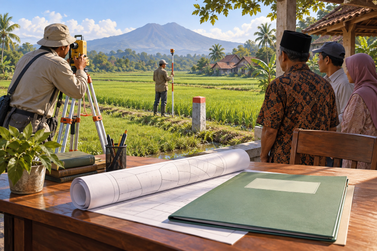 Ilustrasi pengukuran bidang tanah dan pengurusan sertifikat aset desa.