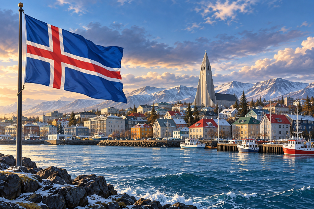 Ilustrasi bendera Islandia dan suasana kota Reykjavik.