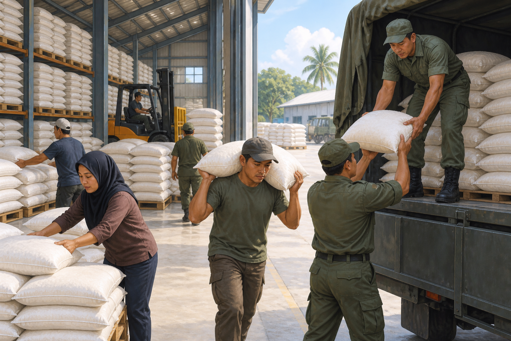 Ilustrasi kerja sama petugas logistik dalam distribusi bantuan beras.