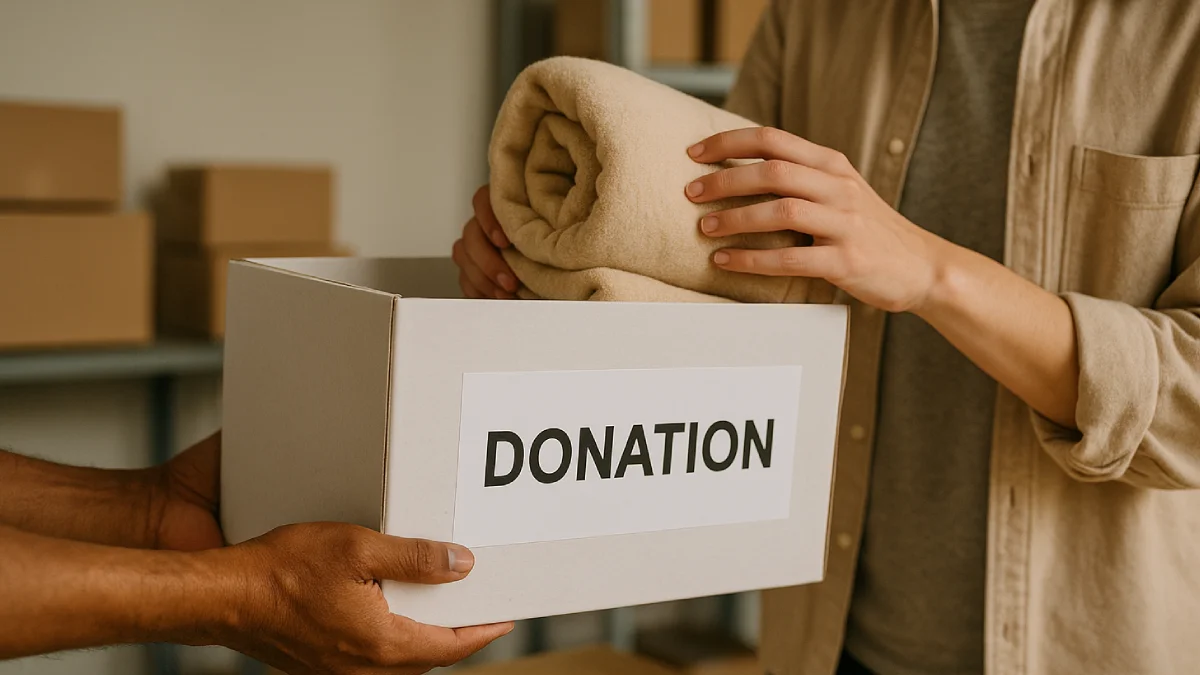 Seorang tangan menempatkan selimut ke dalam kotak kardus bertuliskan "DONATION", mewakili tujuan donasi yang berfokus pada pemberian bantuan secara langsung dan bermakna.