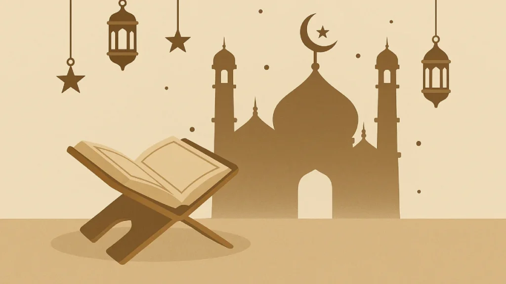 Ilustrasi simbolis Amalan Bulan Muharram 1447 H dengan Al-Quran terbuka di atas mimbar, dikelilingi bulan sabit, bintang, dan lampu sengkang yang melambangkan perayaan spiritual di awal tahun Hijriyah.