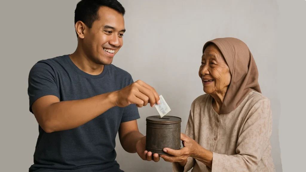Seorang pria muda memberikan uang ke dalam wadah logam yang dipegang oleh seorang nenek berkerudung, dengan senyum hangat yang mencerminkan tindakan kedermawanan.
