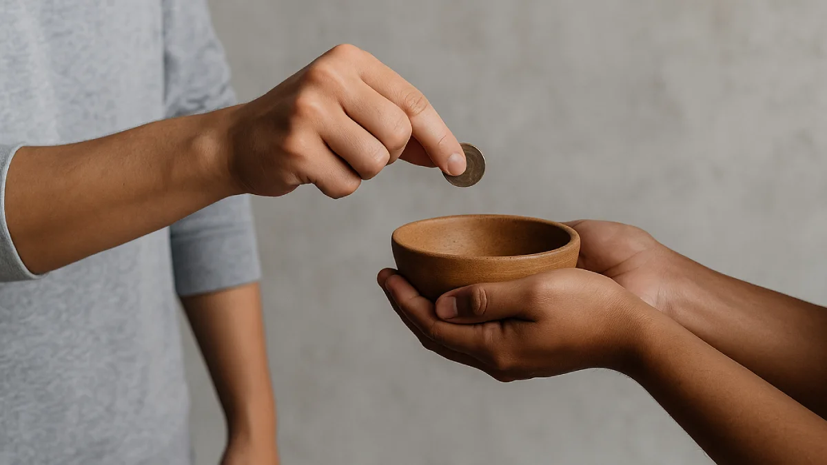 Dua tangan yang berinteraksi dalam momen kedermawanan , di mana satu tangan memberikan koin ke dalam mangkuk kayu yang dipegang tangan lain, melambangkan kepedulian dan bantuan yang tulus.