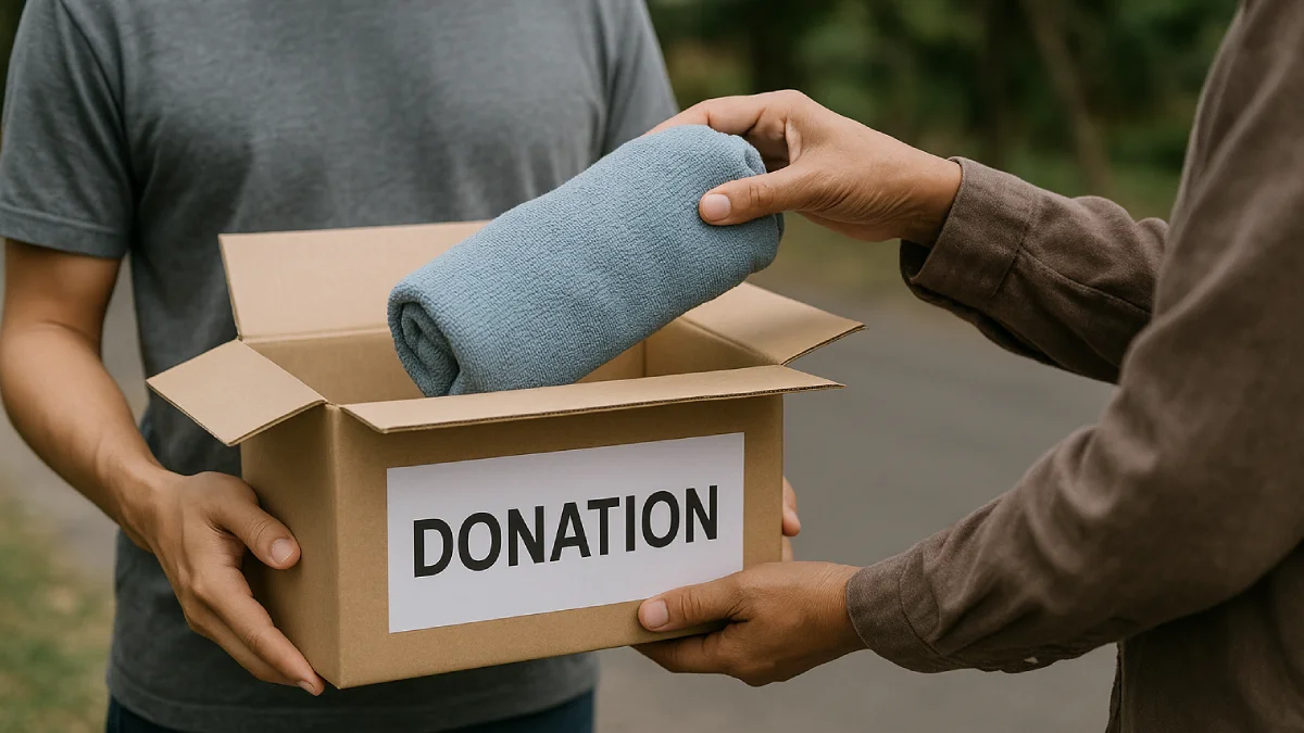 Seorang tangan menempatkan selimut biru ke dalam kotak kardus bertuliskan "DONATION", mewakili tujuan donasi yang berfokus pada pemberian bantuan secara langsung dan bermakna.