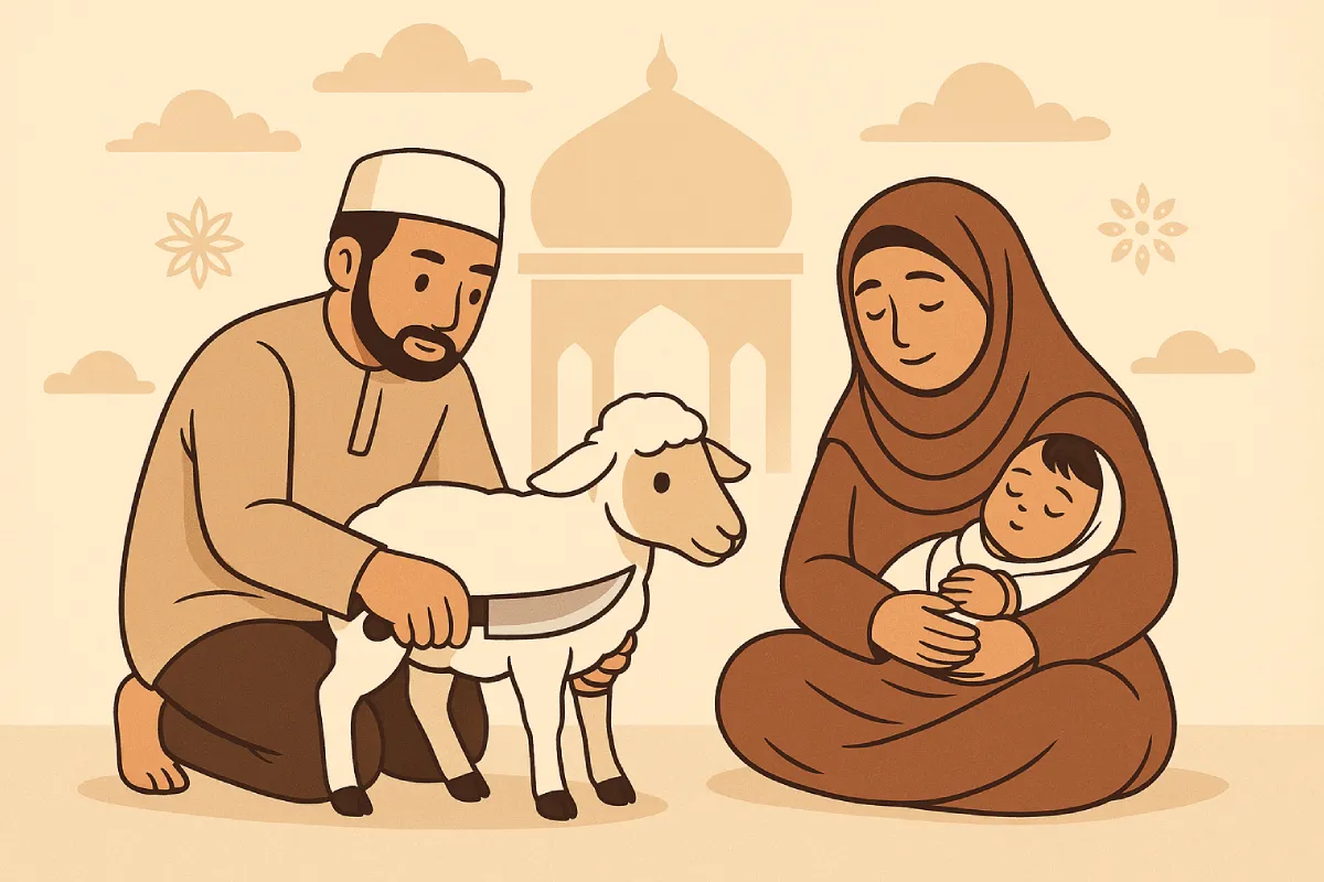 Ilustrasi keluarga muslim sedang mempersiapkan hewan aqiqah sambil memegang bayi, menggambarkan pelaksanaan tata cara aqiqah dalam Islam secara syar’i.
