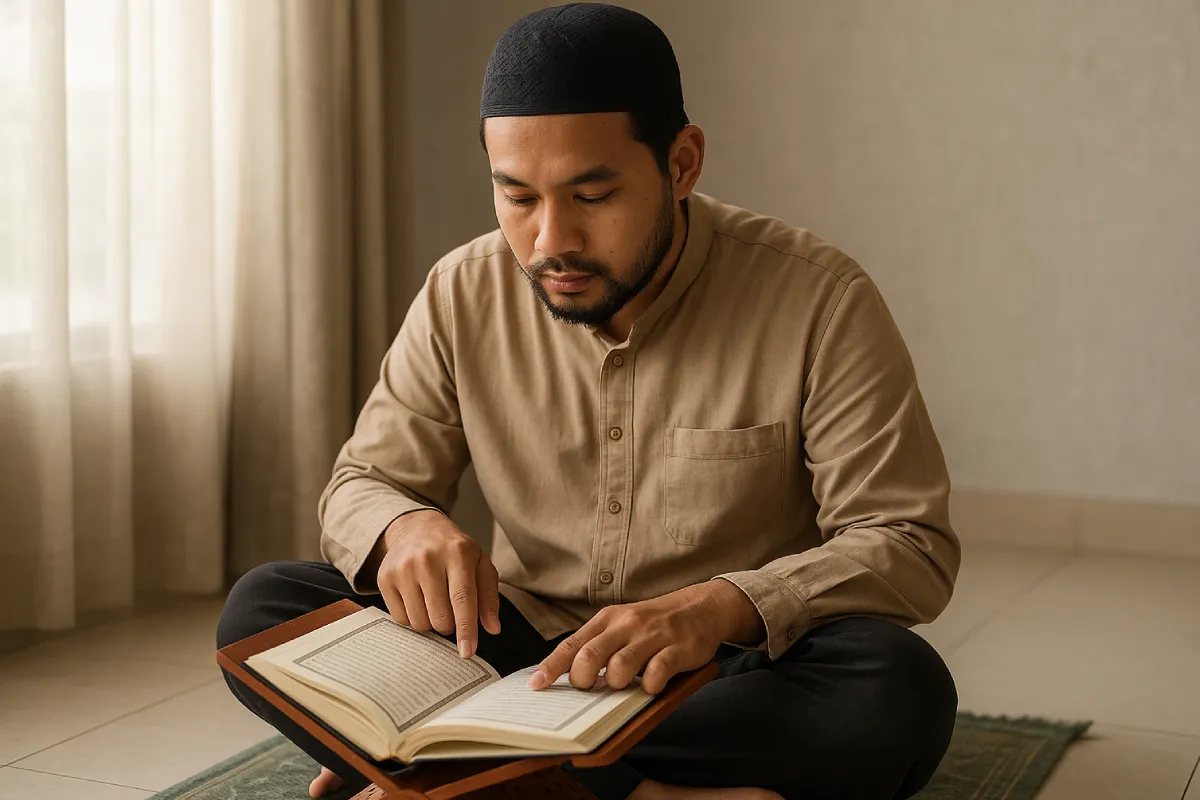 Seorang pria duduk dengan tenang sambil membaca Alquran di rumah, menunjukkan ibadah yang khusyuk sebagai salah satu amalan terbaik di hari Jumat.