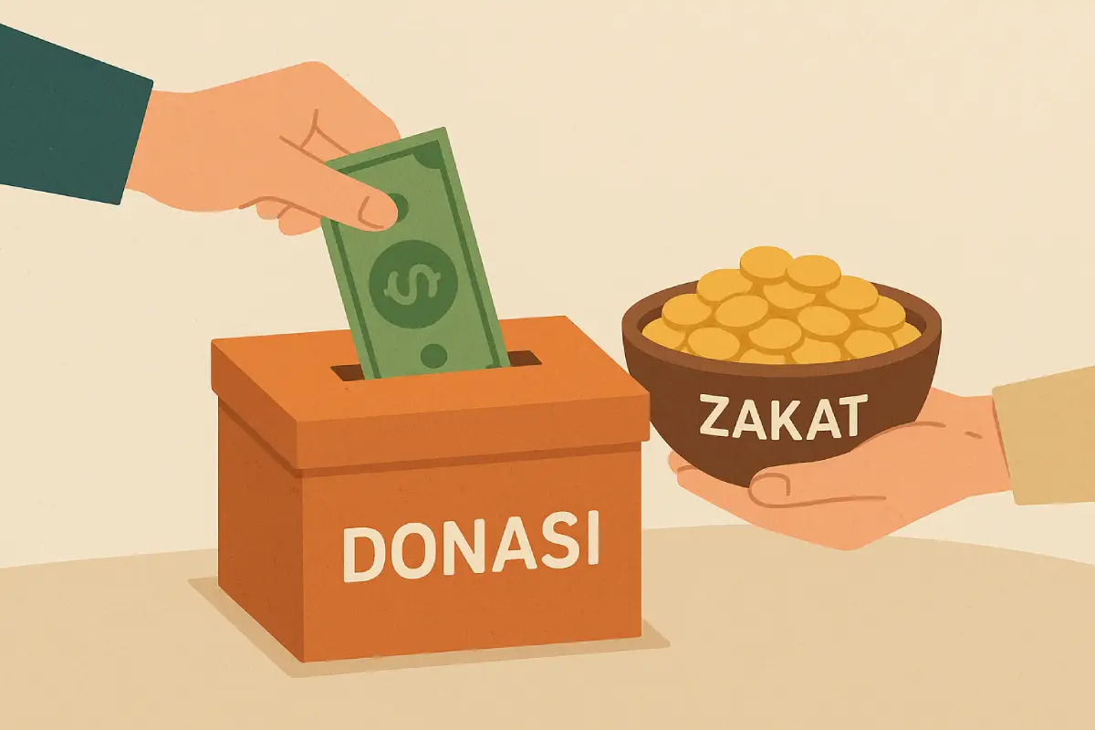 Tangan memasukkan uang ke kotak donasi dan menyerahkan wadah berisi zakat, menggambarkan perbedaan antara keduanya.