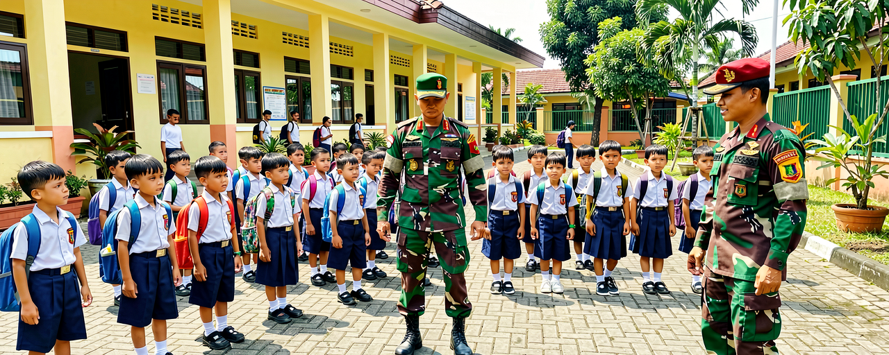 Berseragam Lengkap, Prajurit TNI Antar Anak ke Sekolah