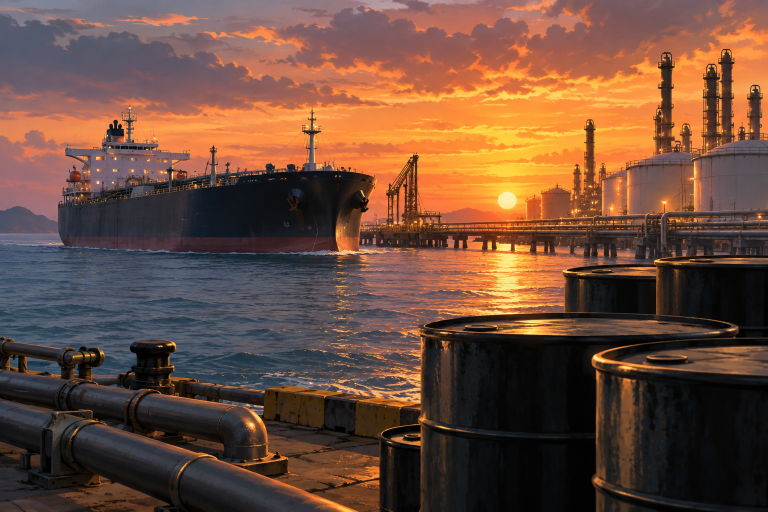 Ilustrasi kapal tanker dan penyimpanan minyak dalam konteks pasar energi global.