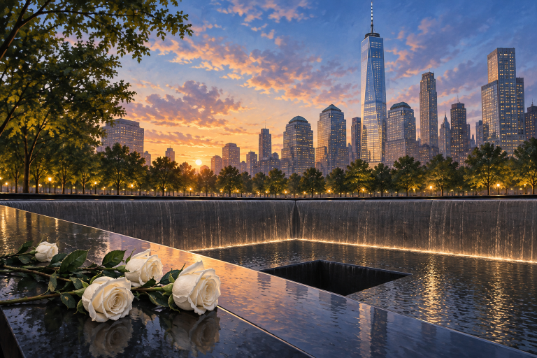Ilustrasi penghormatan bagi korban 11 September di area memorial New York.
