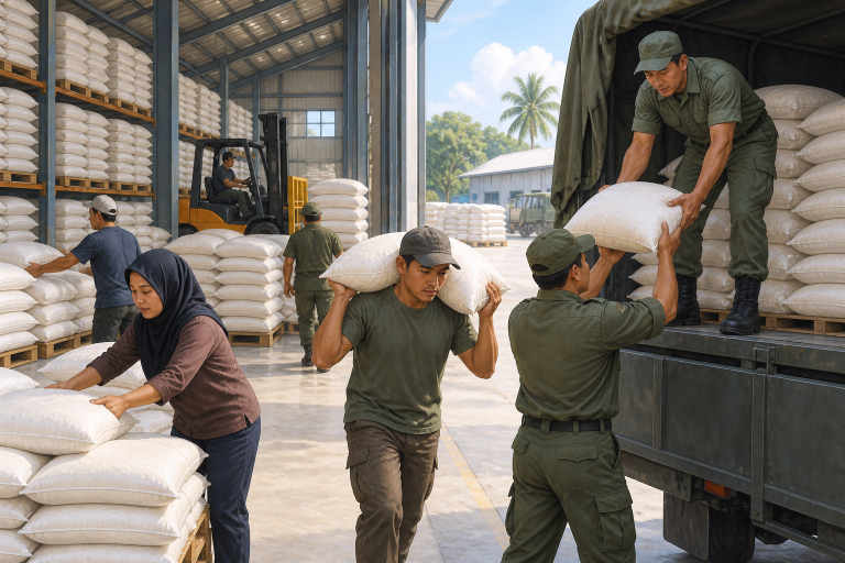 Ilustrasi kerja sama petugas logistik dalam distribusi bantuan beras.